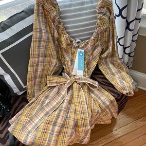 🧡NWT Tanya Taylor Xena mini dress in cotton plaid check multicolor, size XS